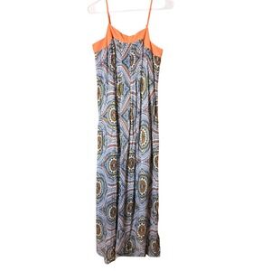 Xhilaration Maxi Dress Womens Small Orange Blue Geometric Medallion Boho V-Neck